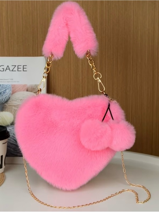 Handbags - 💖Pink Heart 💖Faux Fur Cross Body/Small Handbag with Pom Pom Details